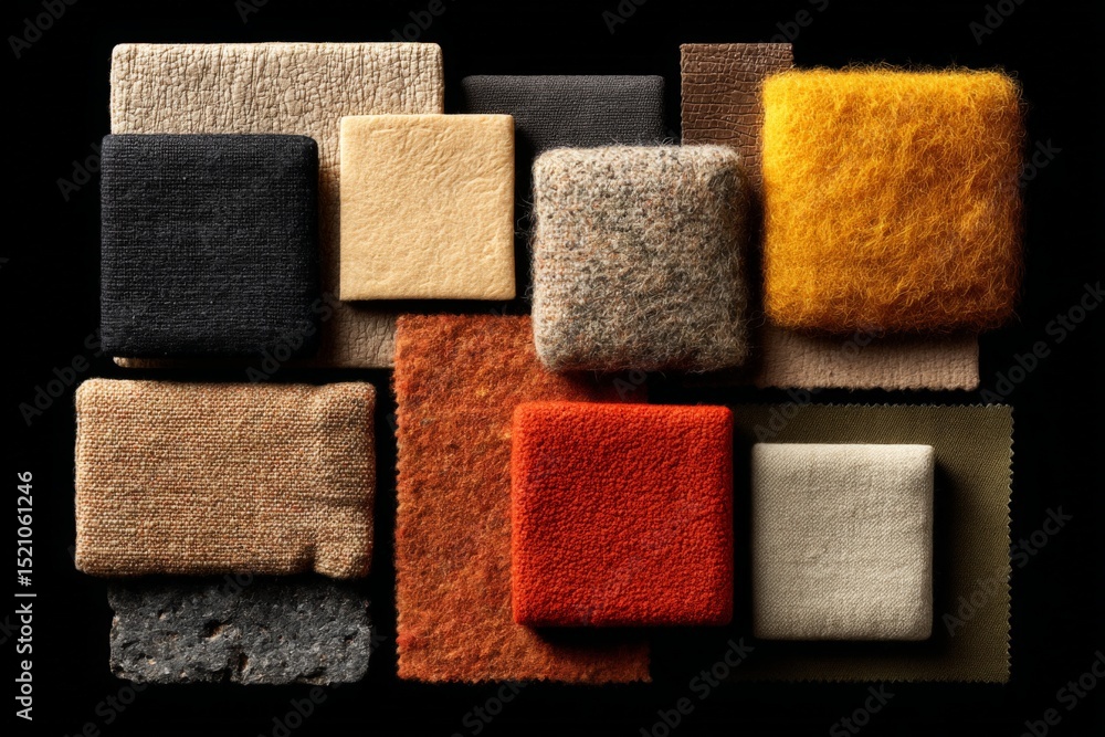 Poster colorful fabric swatches display various textures and patterns arranged on a dark background for des