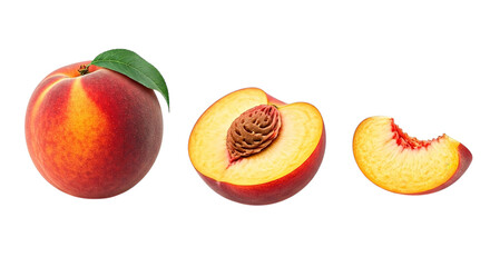 A still life of three peaches one whole one halved and one slice on a black background studio shot