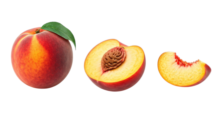 A still life of three peaches one whole one halved and one slice on a black background studio shot