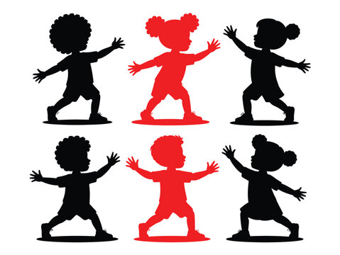 Set of silhouettes Happy Kids dancing vector illustration. Silhouettes of Dancing Children with Afro and Buns in Playful Poses, children silhouettes set