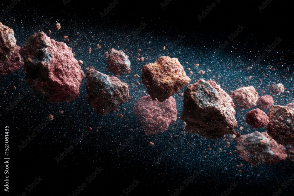 Poster Asteroid belt in deep space with floating rocks and cosmic dust captured during a stellar simulation