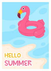 Summer poster with pink flamingo float at the beach and Hello Summer lettering, ideal for seasonal promotions and kids’ themes