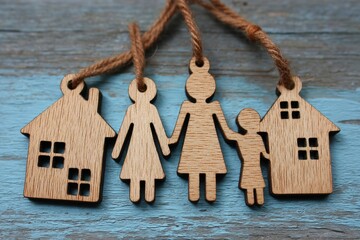 Wooden figures of houses and women holding hands displayed on a rustic wooden surface for family-themed decoration or craft ideas