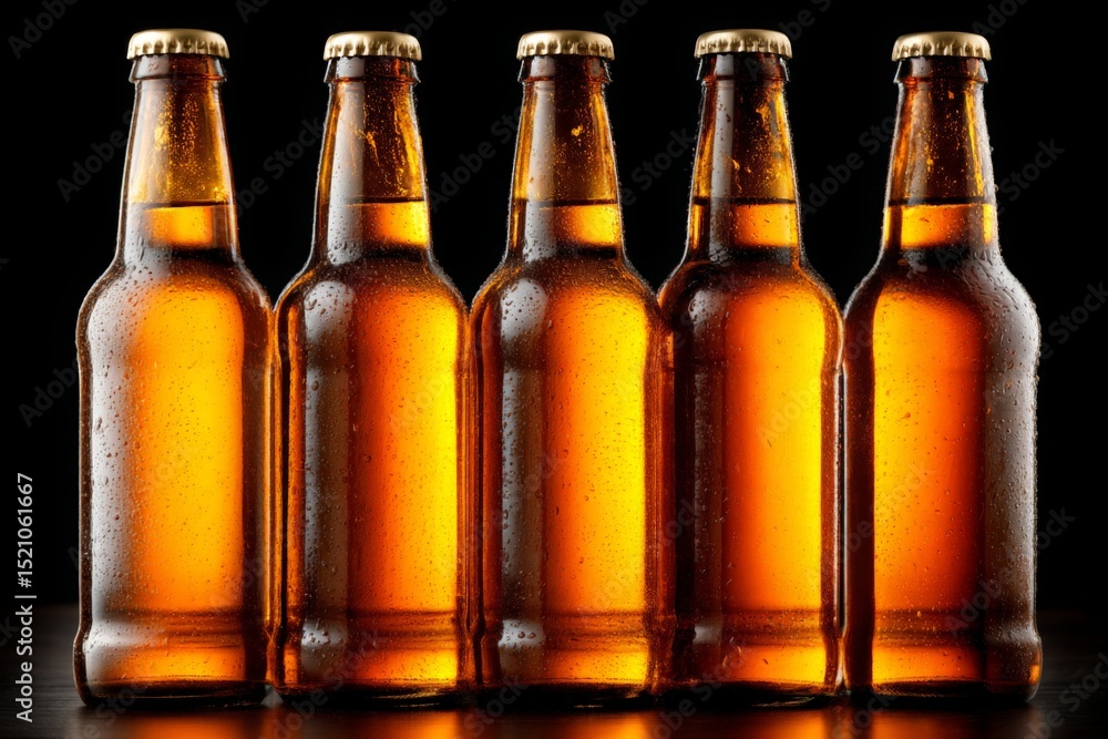 Poster bottles of beer lined up on a black background with droplets reflecting light