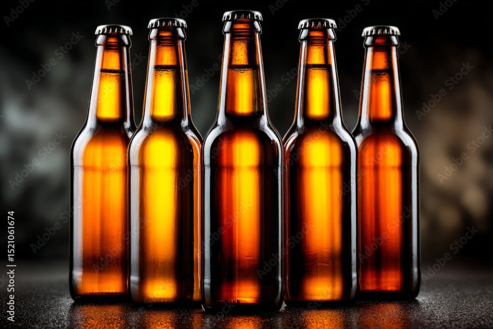 Aufkleber five brown glass bottles of beer lined up against a dark backdrop in a brewery setting during evenin