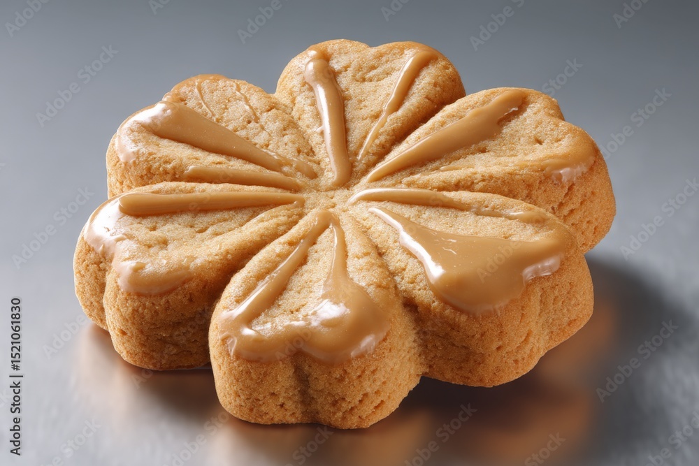Poster delicious flower-shaped cookie with caramel icing displayed on a clean surface