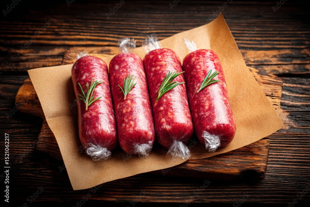 Poster freshly made sausages displayed on a wooden board with herbs in a rustic setting