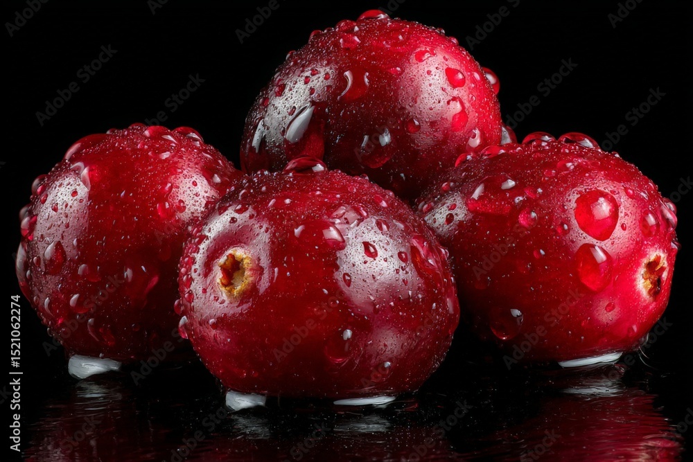 Poster fresh red apples gleaming with water droplets on a reflective surface
