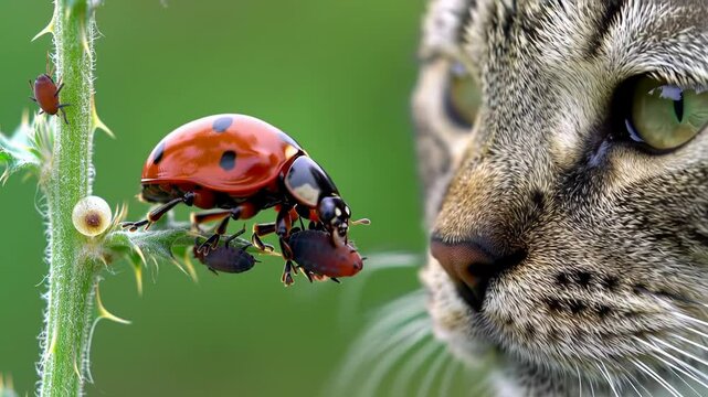 Curious cat observes ladybug and beetles on a stem in nature encounter
