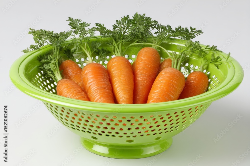 Poster freshly harvested carrots displayed in a green colander on a neutral background