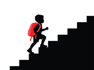 Silhouette of a child climbing stairs with a backpack on his back, A child climbing a ladder silhouette design vector art © VENANCIO