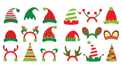 Set christmas santa hat in flat style isolated