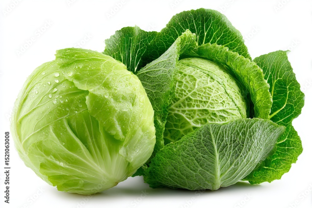 Poster Fresh green cabbage with dewdrops showcasing its vibrant texture and color in a well-lit setting