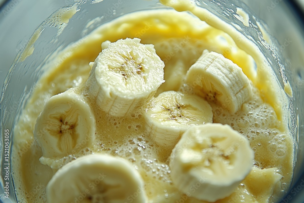 Aufkleber close-up of sliced bananas blending into a creamy, frothy mixture in a blender.