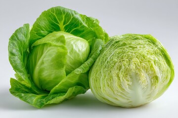 Fototapeta premium Fresh green cabbages displayed against a light background showcasing their vibrant leaves and texture
