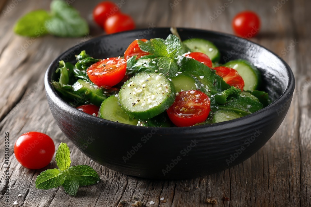 Poster fresh cucumber and tomato salad with herbs served in a decorative bowl on a rustic wooden table