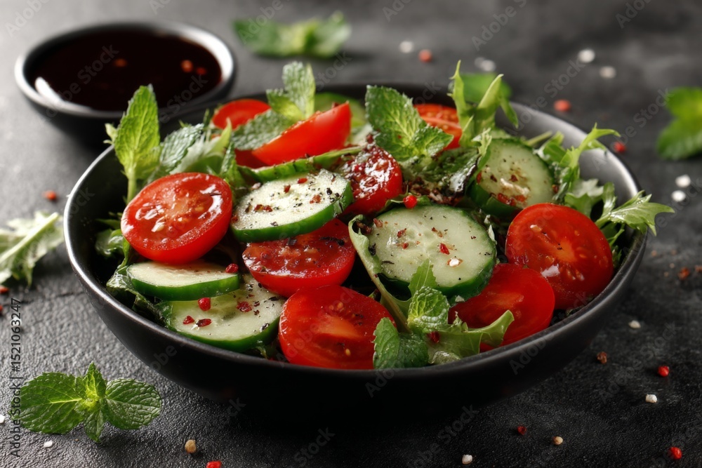 Poster fresh cucumber and tomato salad prepared with mint and seasoning on a dark background