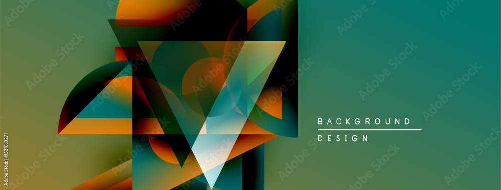 Poster Abstract geometric design. Overlapping shapes create dynamic visual effect. Teal, orange, dark tones dominate composition. Modern background texture.