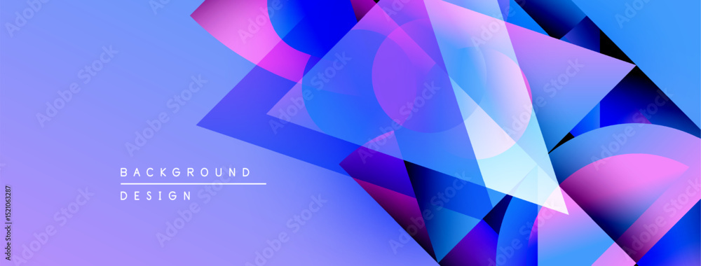 Poster Abstract geometric shapes overlap, creating vibrant purple, blue gradients. Background text reads background design. Modern, dynamic visual composition.