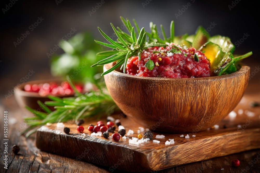 Poster freshly prepared dip with herbs and spices served in wooden bowls on a rustic table