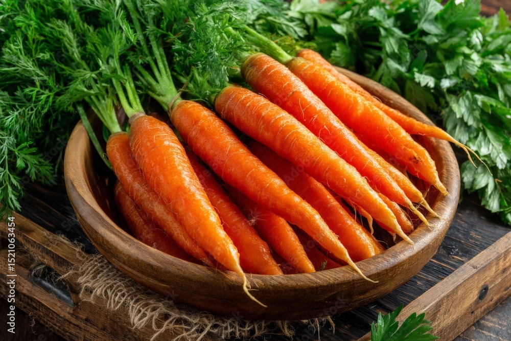 Aufkleber freshly harvested carrots arranged in a wooden bowl with green parsley on a rustic table setting