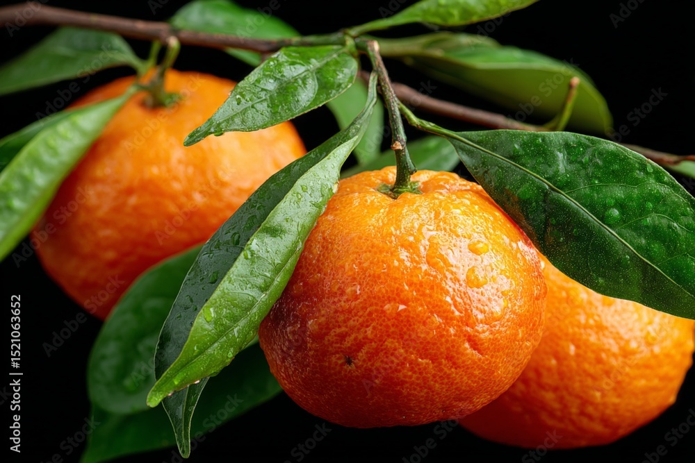 Poster Freshly picked ripe tangerines with droplets on leaves hanging from a branch in a dark setting