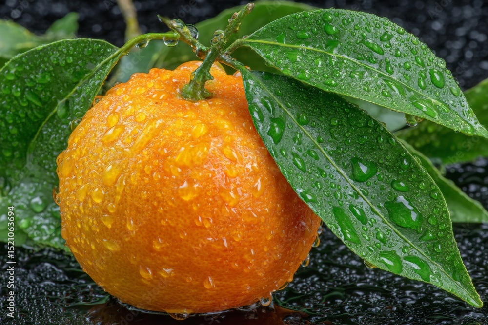 Poster fresh orange with water droplets and green leaves resting on a black surface in bright light showcas