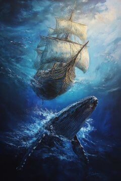 Whale Ship. Humpback Whale Attack on Ship in Undersea Painting