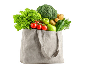 Reusable bag filled with fresh organic groceries including vibrant green lettuce broccoli tomatoes apples potatoes and cucumbers showcases healthy eating and sustainability