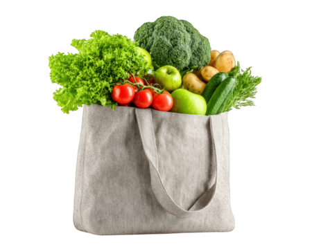 Reusable bag filled with fresh organic groceries including vibrant green lettuce broccoli tomatoes apples potatoes and cucumbers showcases healthy eating and sustainability
