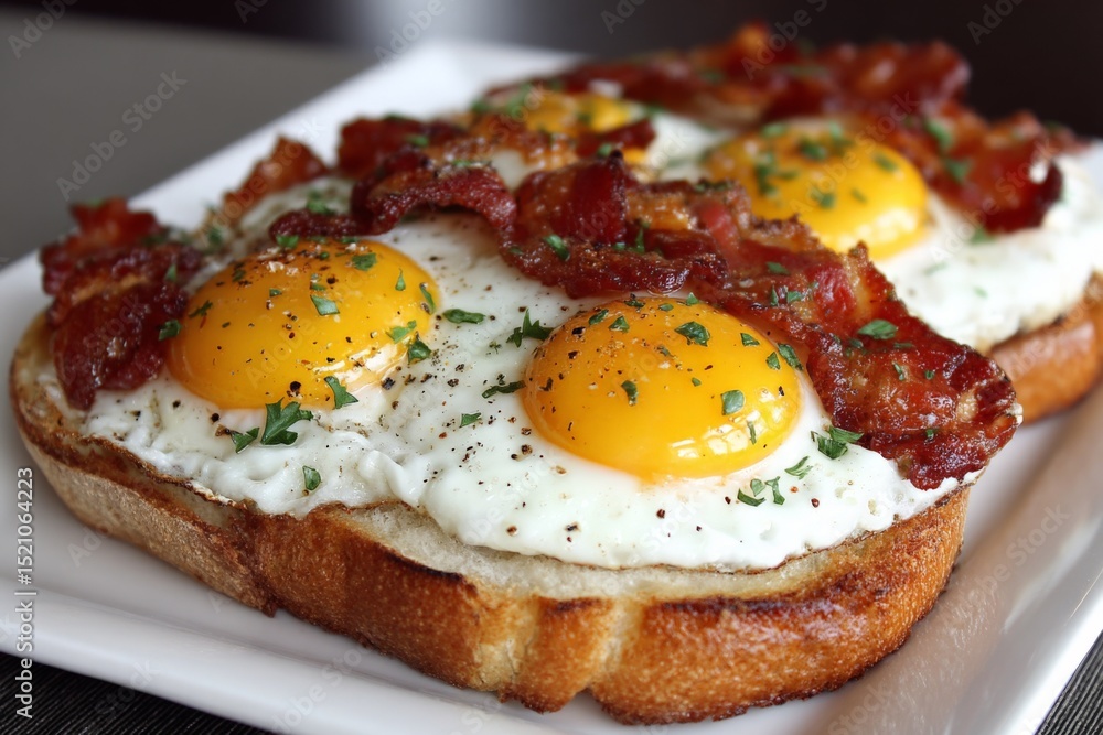 Poster delicious breakfast with sunny side up eggs and crispy bacon on toasted bread