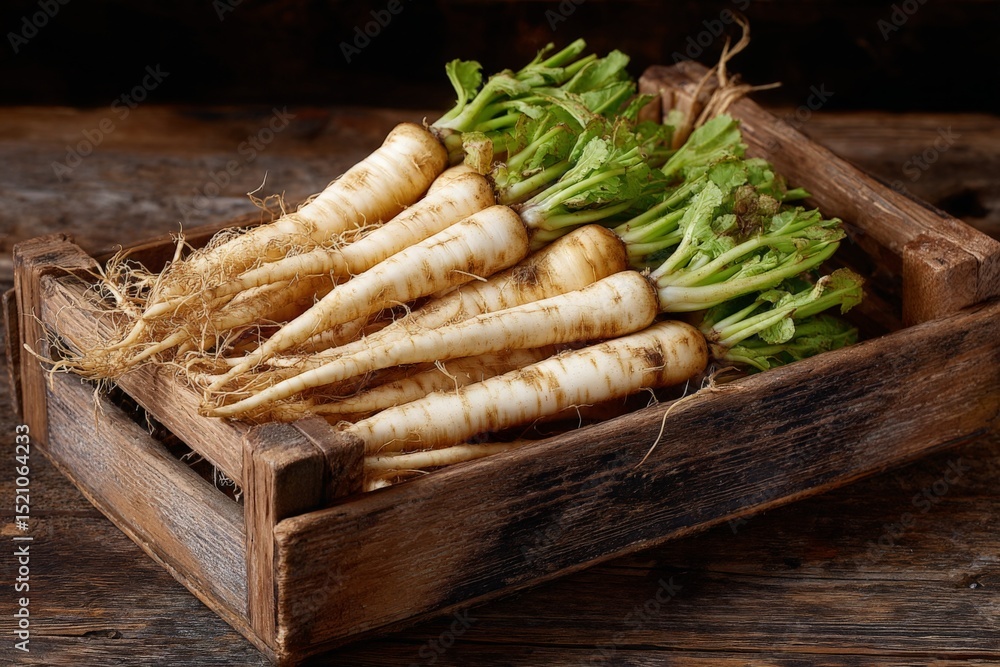 Poster freshly harvested parsnips displayed in a rustic wooden crate on a wooden surface
