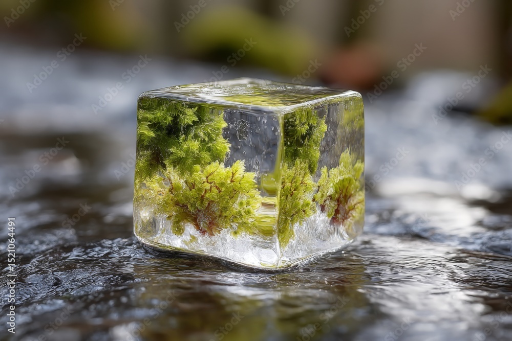 Poster unique ice cube with preserved green moss inside resting on a wet surface during daylight in a tranq