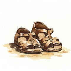 Naklejka premium Watercolor depicts pair of brown leather sandals resting on sandy surface, with soft shadows suggesting sunlit scene,white background