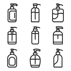 Fototapeta premium Soap Dispenser Icon Set Collection. Simple Line Art of Various Pump Bottles for Cleaning Products 