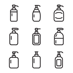 Soap Dispenser Icon Set Collection. Simple Line Art of Various Pump Bottles for Cleaning Products
