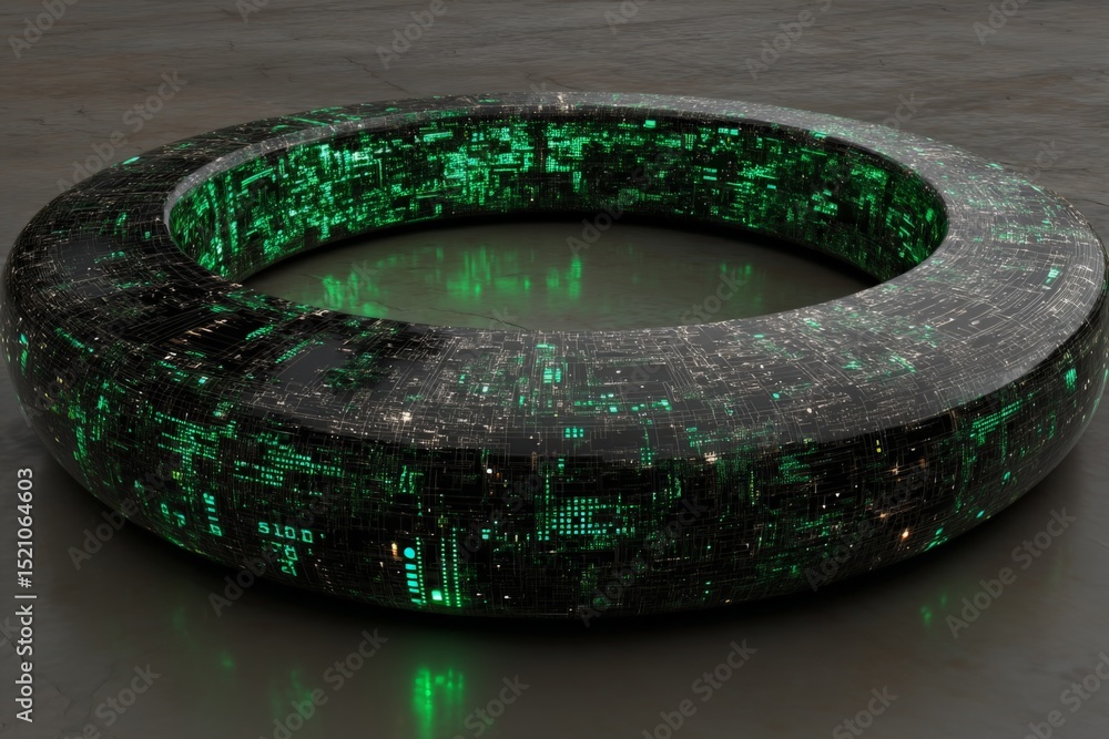 Aufkleber Futuristic circular structure with glowing green data patterns in a modern setting