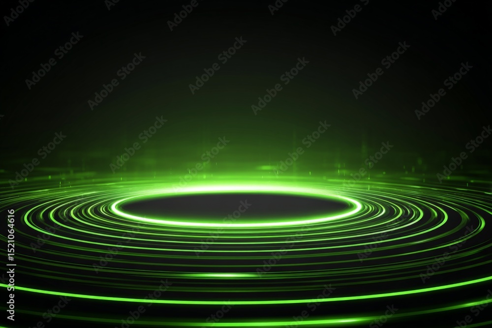 Poster Green light waves create a mesmerizing circular pattern in a dark setting, enhancing the visual ambiance of the surroundings