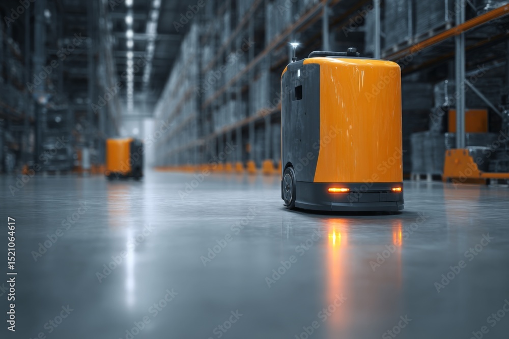Poster Autonomous robots navigate through a modern warehouse during evening hours to streamline logistics operations
