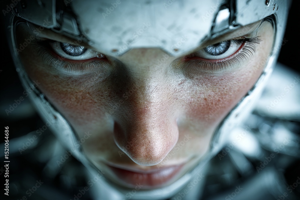 Aufkleber close-up view of a futuristic humanoid robot with metallic features and expressive eyes