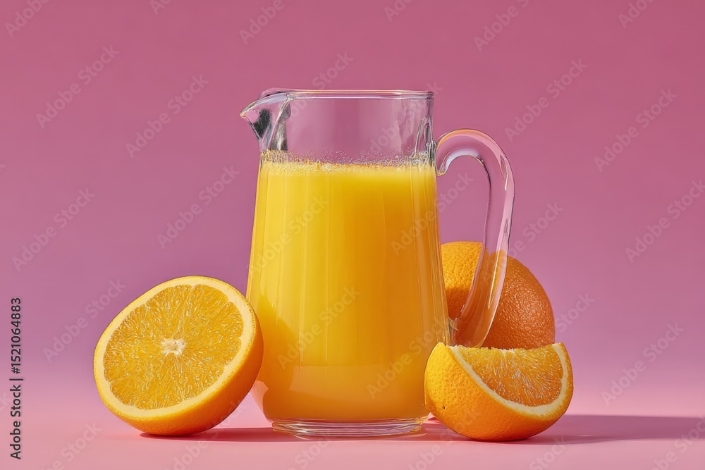 Poster freshly squeezed orange juice served in a clear pitcher with vibrant oranges against a pastel pink b