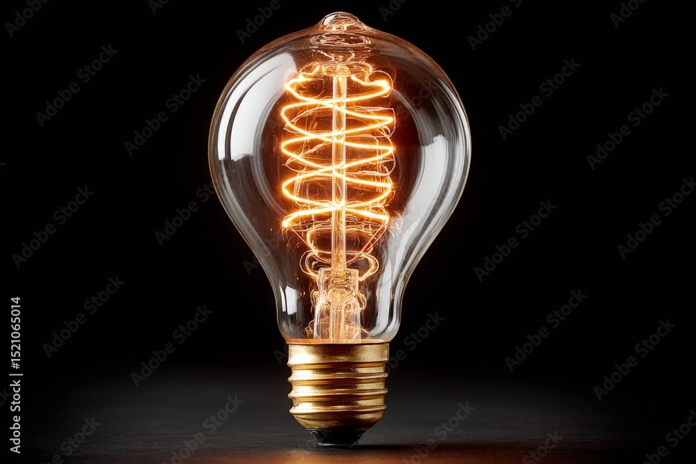 Poster classic light bulb with visible filament glowing against a dark background