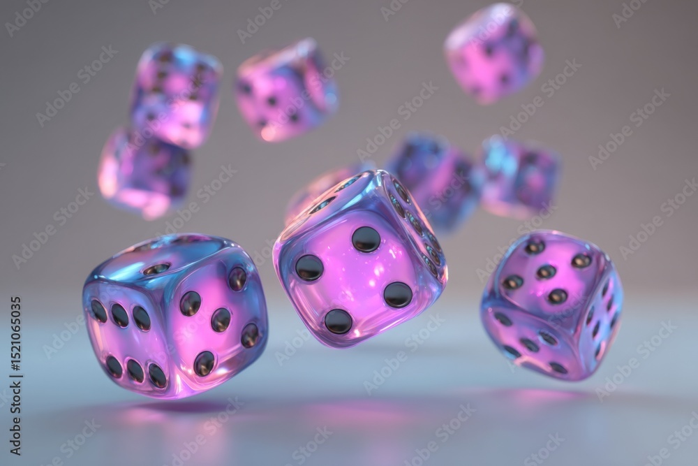 Aufkleber Colorful translucent dice floating in mid-air displaying unique patterns in a vibrant setting