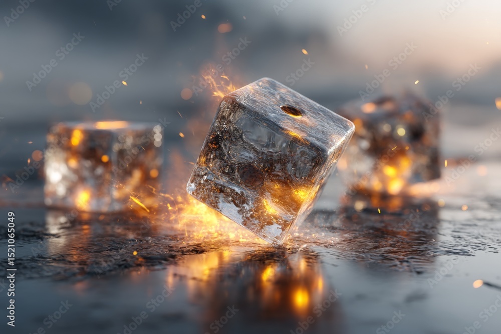 Aufkleber Melting ice cubes create sparks in a dramatic setting during twilight hours