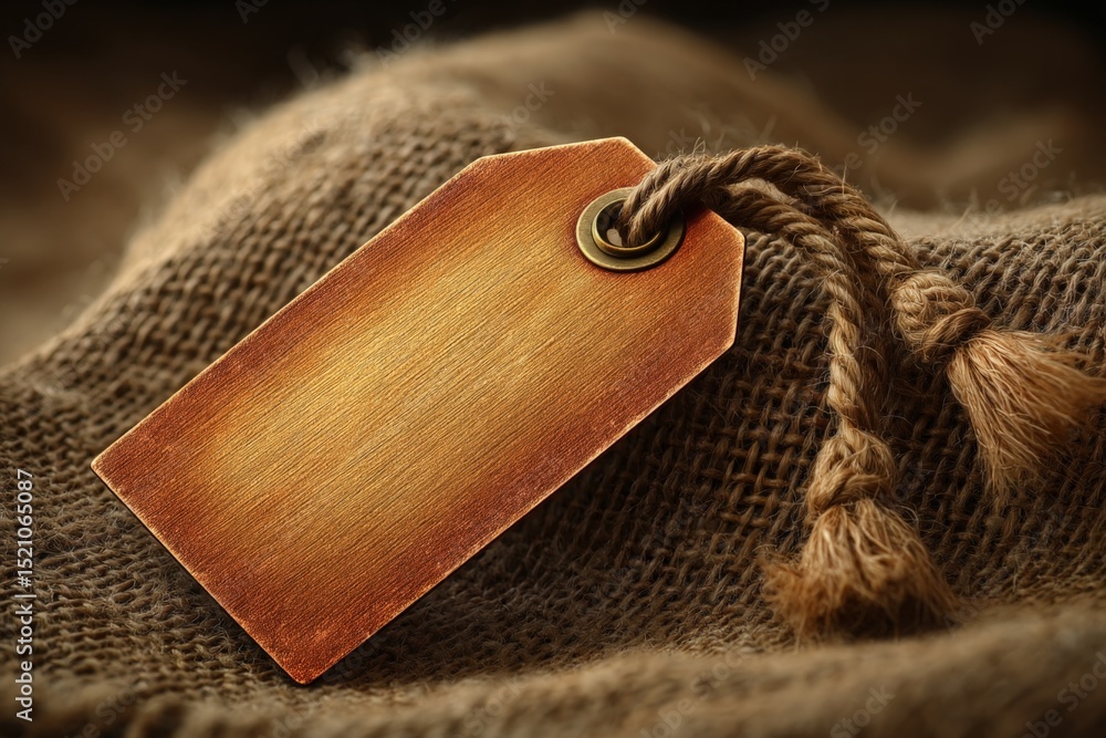 Poster rustic brown hanging tag placed on a textured burlap fabric with soft lighting in a cozy indoor sett