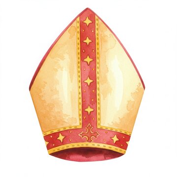 A watercolor illustration showcases religious mitre with golden decorations against stark white backdrop, highlighting the hat's intricate design.white background
