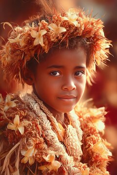 Rotuma Day. Child wearing traditional attire and flower crown, symbolizing cultural heritage and celebration.