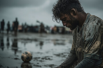 Exhausted Muddy Soccer Player Head Down After Emotional Defeat Struggle Loss Challenge In Game