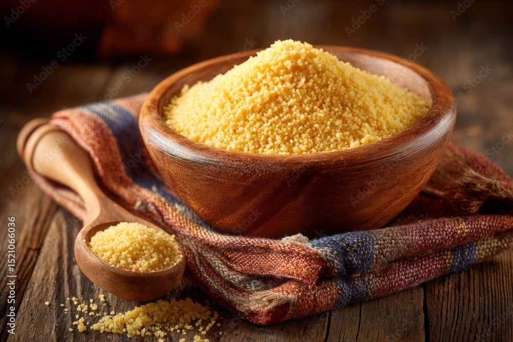 Poster golden couscous in a wooden bowl on a rustic table with a spoon and cloth
