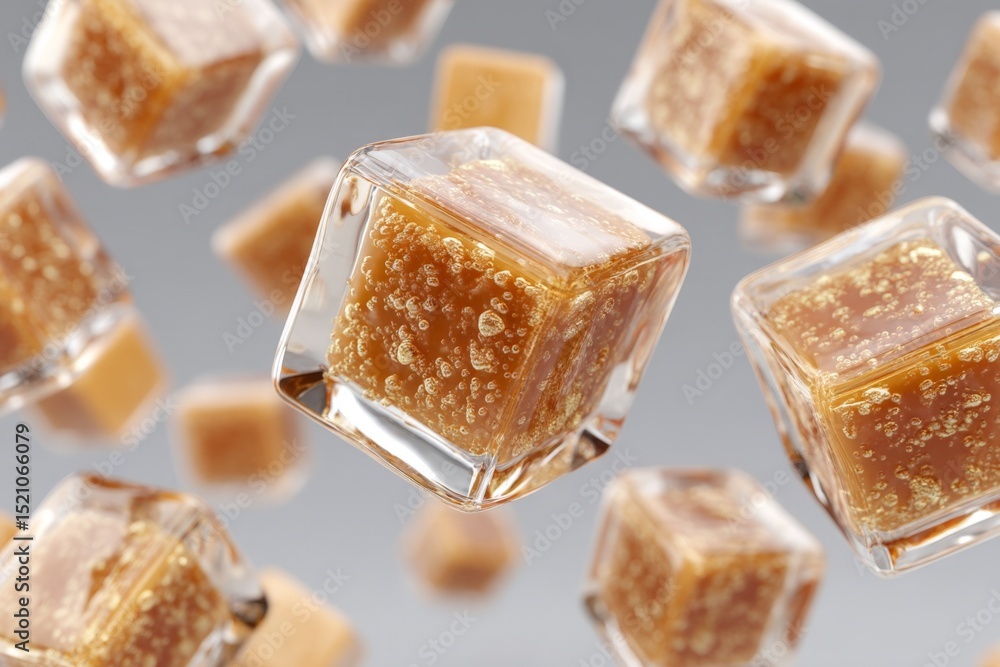 Aufkleber floating caramel cubes with bubbles exhibit an innovative culinary design in a creative food display